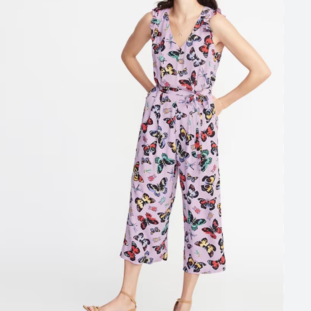 Flutter-Sleeve Butterfly Print Jumpsuit